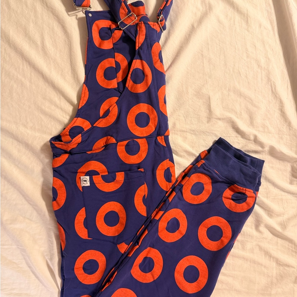 Swoveralls Orange and Navy Blue Circle print, sweatpants overalls